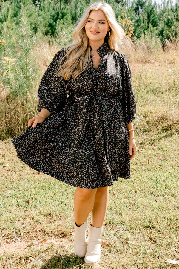 Chic Soul plus size clothing, black puff short sleeve tiered dress with tie waist and v neckline