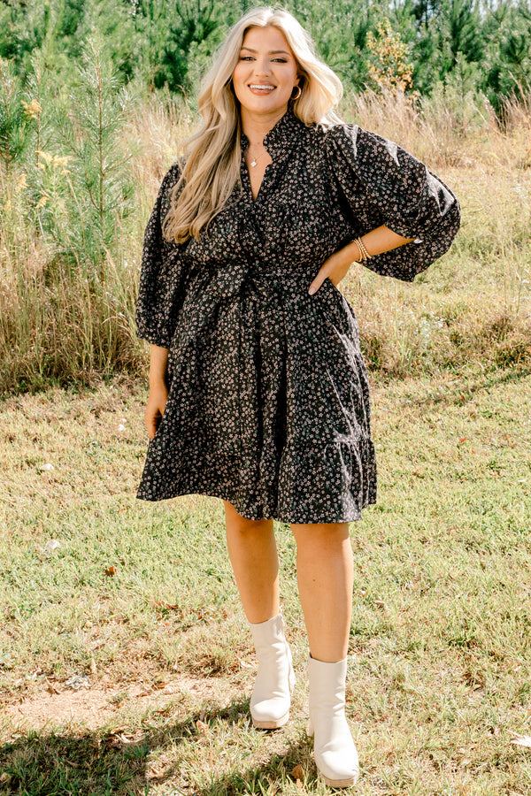 Chic Soul plus size clothing, black puff short sleeve tiered dress with tie waist and v neckline