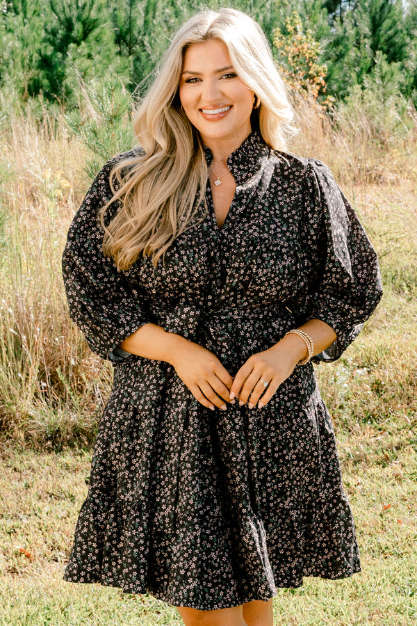 Chic Soul plus size clothing, black puff short sleeve tiered dress with tie waist and v neckline