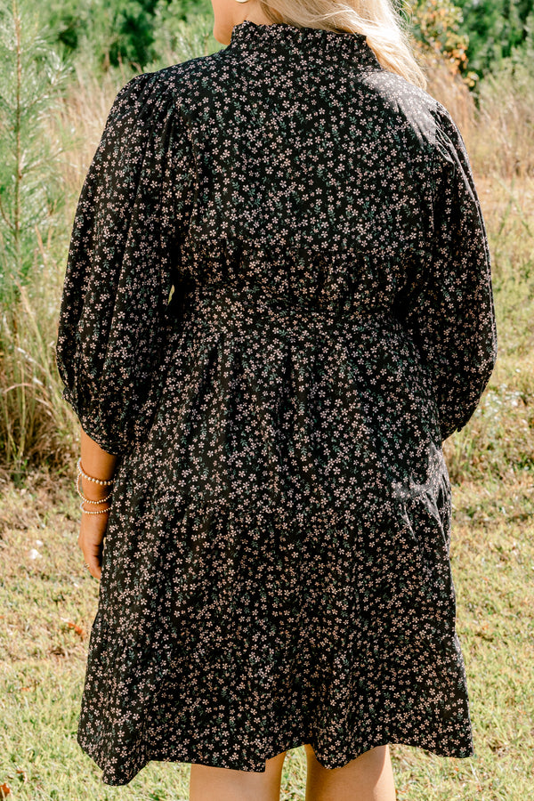 Chic Soul plus size clothing, black puff short sleeve tiered dress with tie waist and v neckline