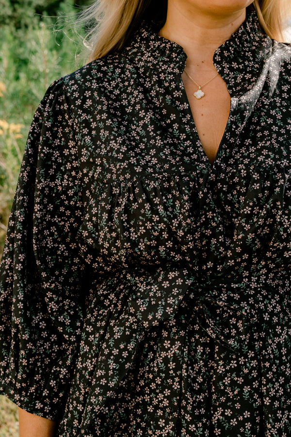 Chic Soul plus size clothing, black puff short sleeve tiered dress with tie waist and v neckline