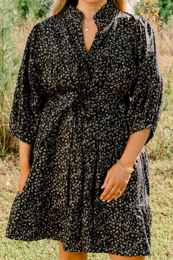 Chic Soul plus size clothing, black puff short sleeve tiered dress with tie waist and v neckline