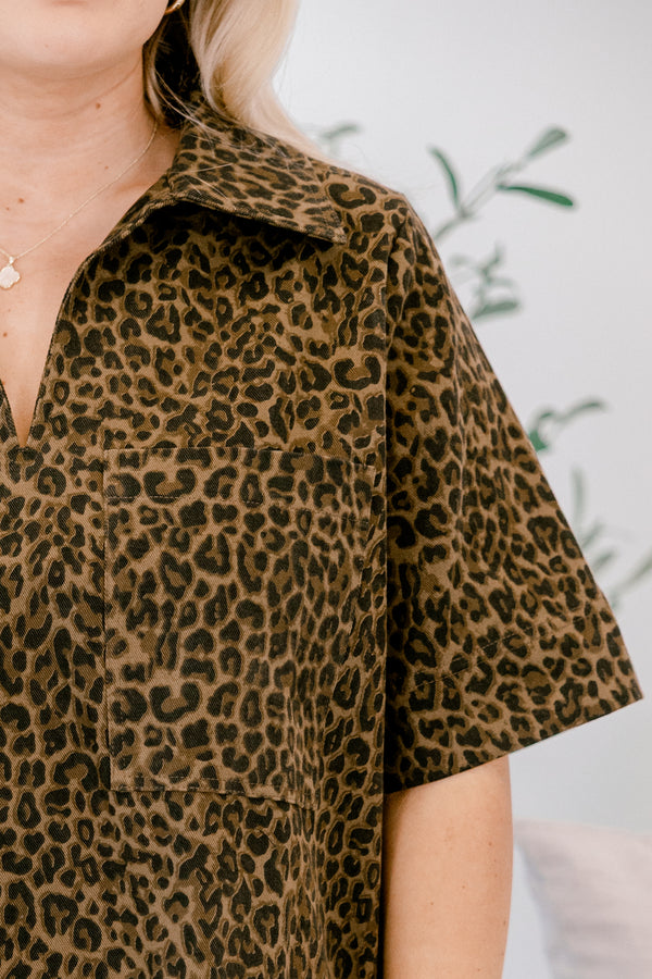 Chic Soul plus size clothing, brown leopard short sleeve short dress with collar and v-neckline