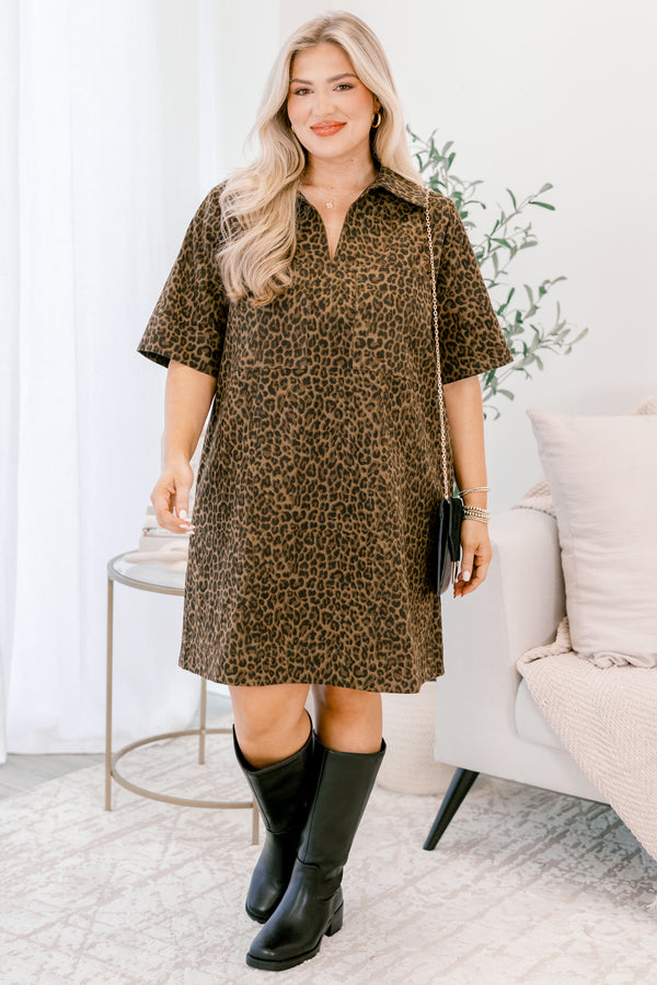 Chic Soul plus size clothing, brown leopard short sleeve short dress with collar and v-neckline