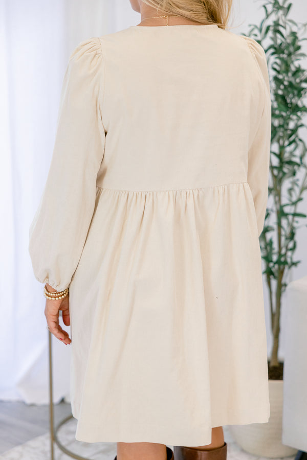 Chic Soul plus size clothing, cream corduroy dress with babydoll silhouette and a trio of ties on the neckline