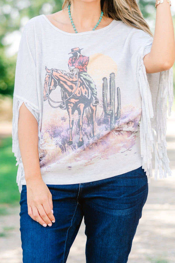 Chic Soul plus size clothing, heather gray top with a wild west graphic on the center of the shirt and fringe details at the end of each sleeve 