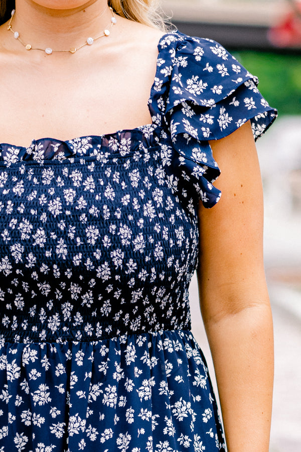 Chic Soul plus size clothing, navy maxi dress with a floral pattern square neckline and flutter sleeves 