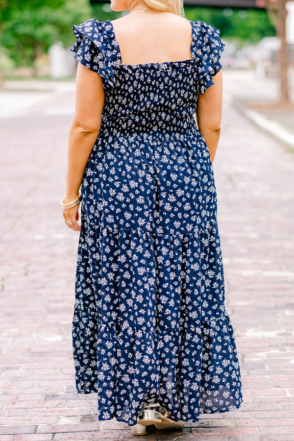 Chic Soul plus size clothing, navy maxi dress with a floral pattern square neckline and flutter sleeves 