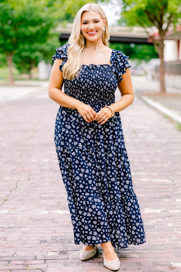 Chic Soul plus size clothing, navy maxi dress with a floral pattern square neckline and flutter sleeves 