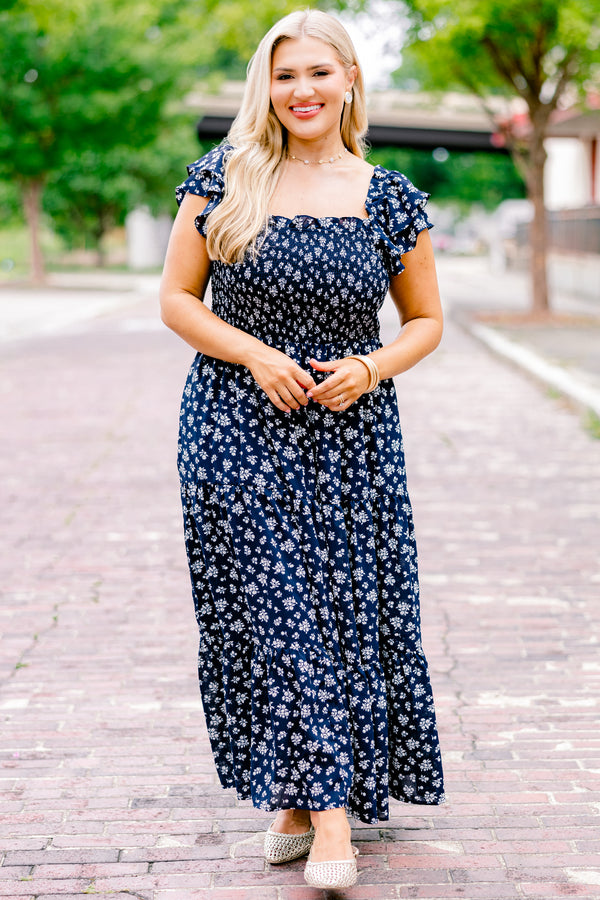 Chic Soul plus size clothing, navy maxi dress with a floral pattern square neckline and flutter sleeves 