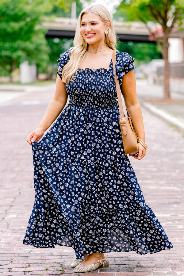 Chic Soul plus size clothing, navy maxi dress with a floral pattern square neckline and flutter sleeves 