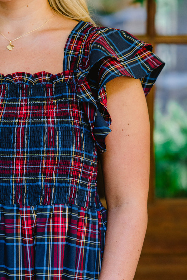 Chic Soul plus size clothing, navy and red tartan plaid tiered flowy maxi dress with ruffle cap sleeves and ruched top
