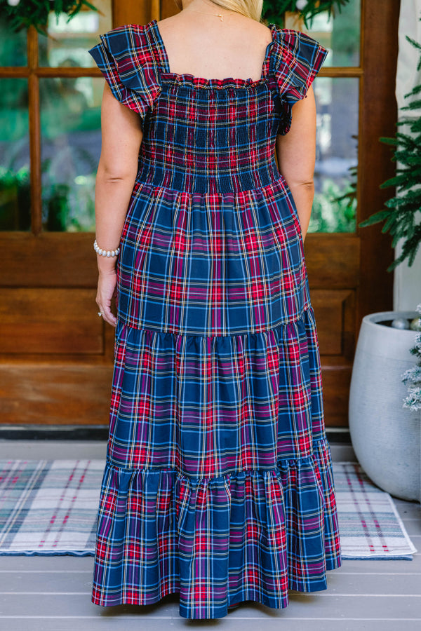 Chic Soul plus size clothing, navy and red tartan plaid tiered flowy maxi dress with ruffle cap sleeves and ruched top