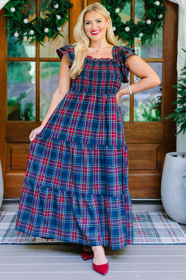 Chic Soul plus size clothing, navy and red tartan plaid tiered flowy maxi dress with ruffle cap sleeves and ruched top