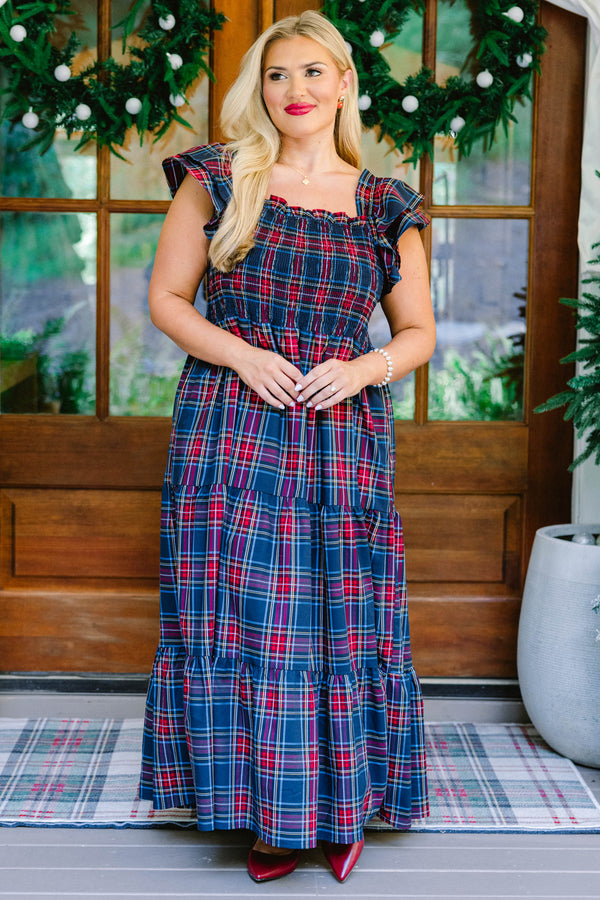 Chic Soul plus size clothing, navy and red tartan plaid tiered flowy maxi dress with ruffle cap sleeves and ruched top