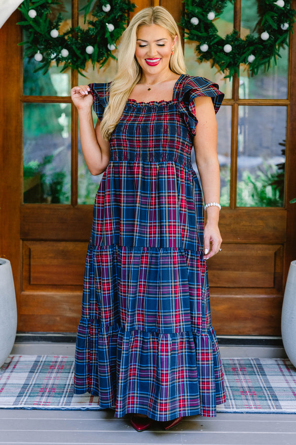 Chic Soul plus size clothing, navy and red tartan plaid tiered flowy maxi dress with ruffle cap sleeves and ruched top