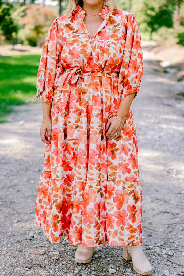 Chic Soul plus size clothing, orange and white floral print long sleeve maxi dress with a tie belt 