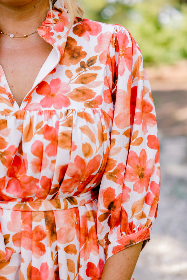 Chic Soul plus size clothing, orange and white floral print long sleeve maxi dress with a tie belt 