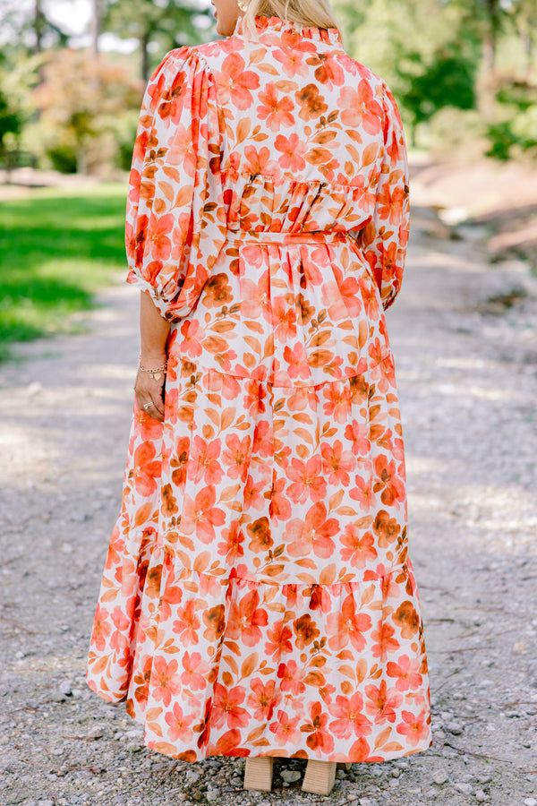 Chic Soul plus size clothing, orange and white floral print long sleeve maxi dress with a tie belt 