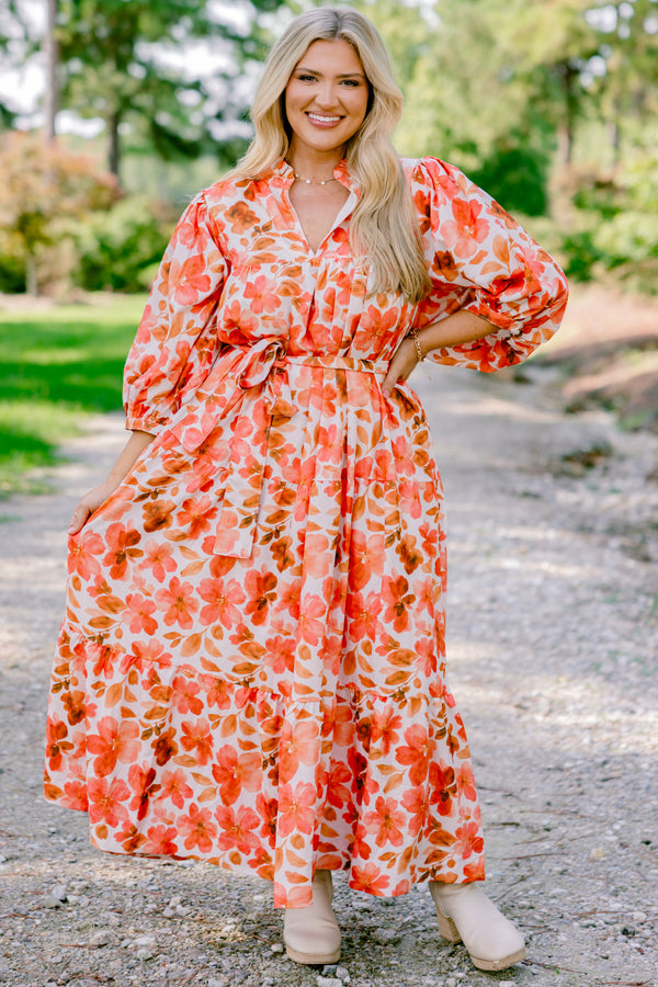 Chic Soul plus size clothing, orange and white floral print long sleeve maxi dress with a tie belt 