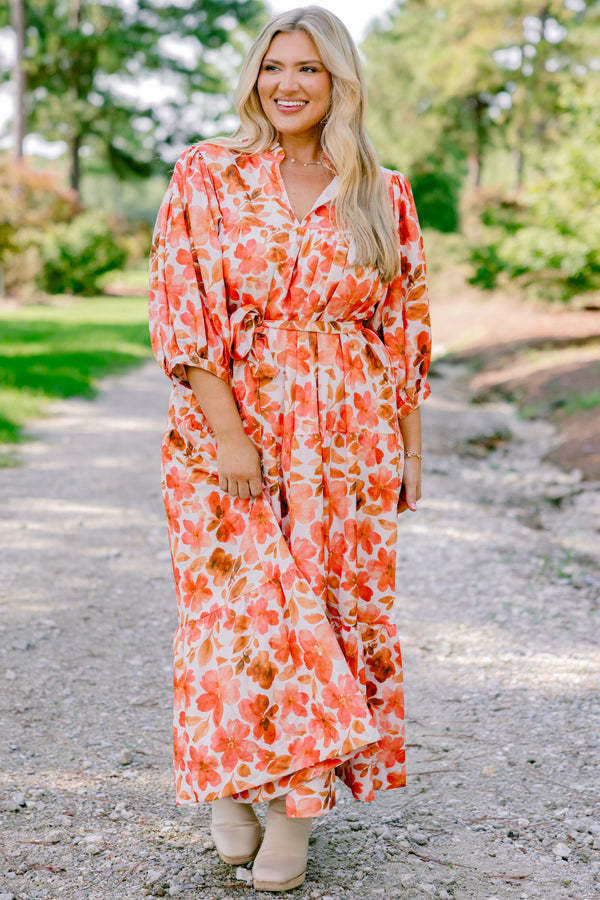 Chic Soul plus size clothing, orange and white floral print long sleeve maxi dress with a tie belt 
