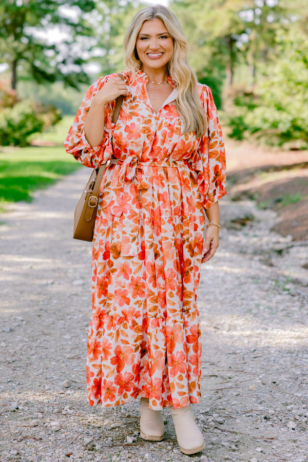 Chic Soul plus size clothing, orange and white floral print long sleeve maxi dress with a tie belt 