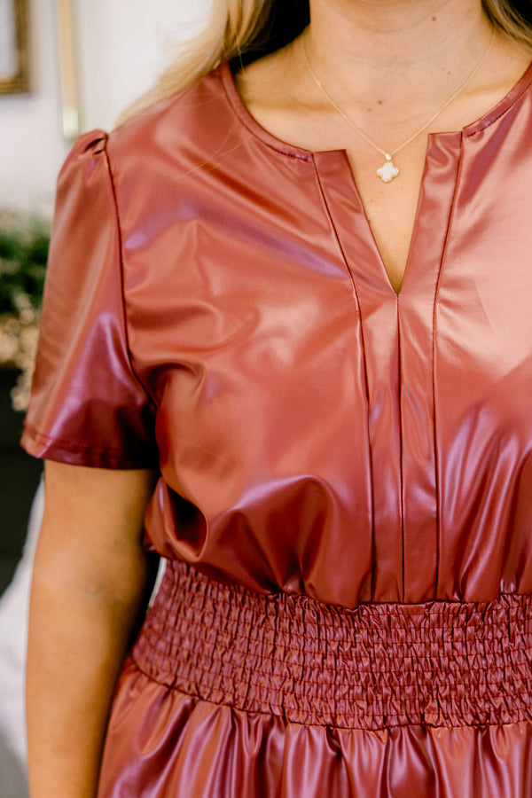 Chic Soul plus size clothing, burgundy red short sleeve faux leather mini dress with cinched smocked waist with v cutout along neckline with ruffle along bottom