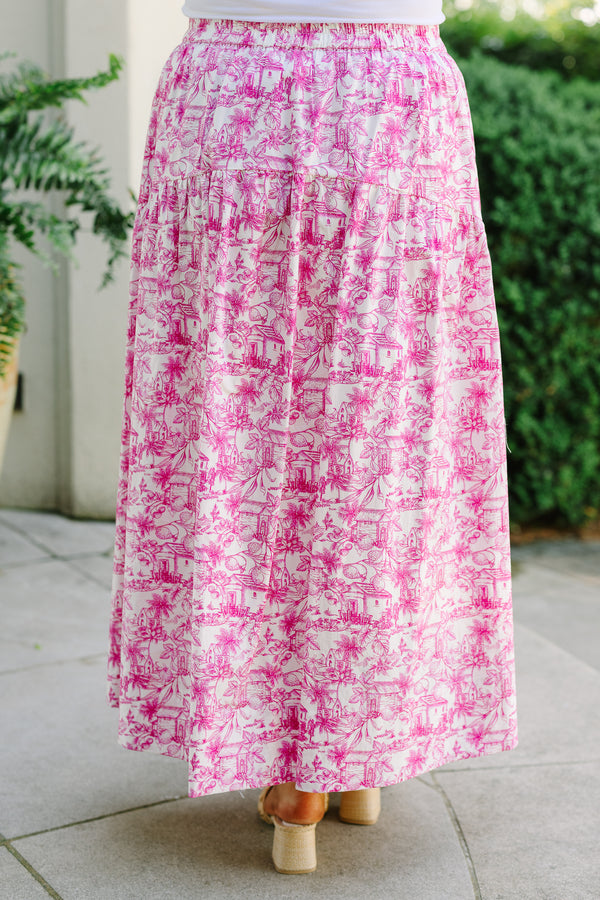 Plus Size pink and white toile print maxi skirt with a tiered design and a high-waisted fit.