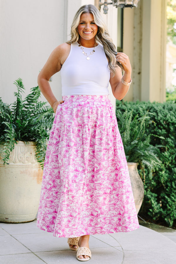 Plus Size pink and white toile print maxi skirt with a tiered design and a high-waisted fit.