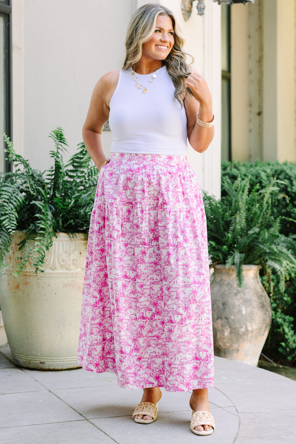 Plus Size pink and white toile print maxi skirt with a tiered design and a high-waisted fit.