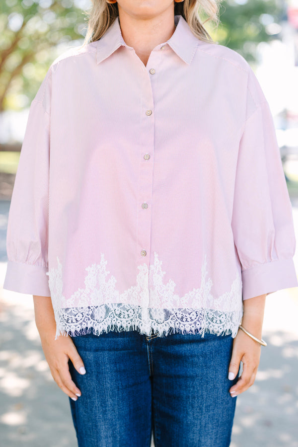 Plus Size rust stripe button-down top with long puff sleeves and a white lace hem.