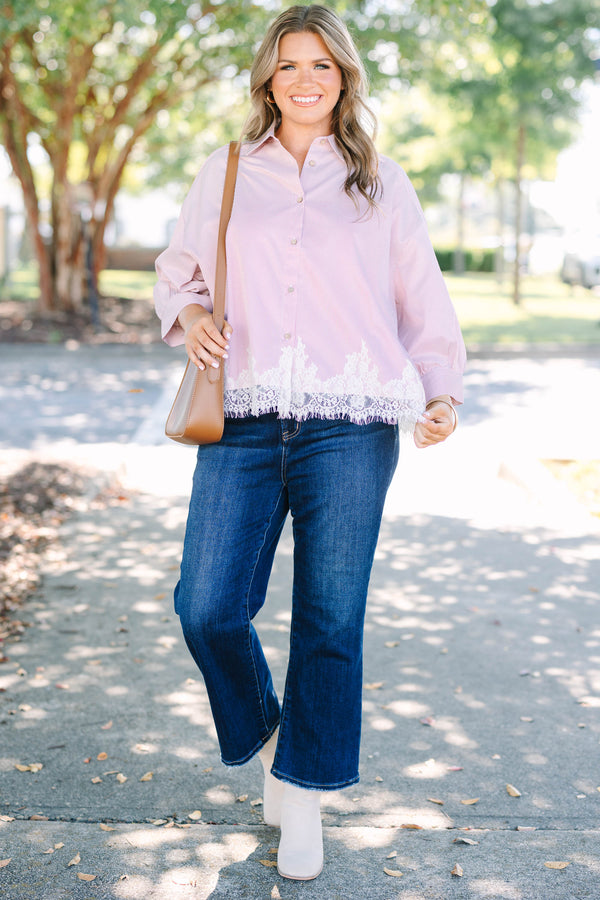 Plus Size rust stripe button-down top with long puff sleeves and a white lace hem.