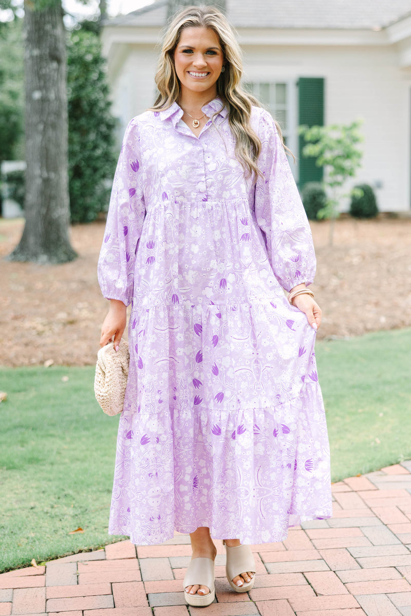 lilac summer dress Sweet Floral Maxi - Lavender Lilac, Small | Hazel and Olive breathable fabric cascades to a graceful ankle length Purple Dresses | Light Purple,