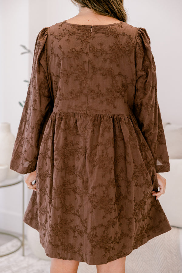 Chic Soul plus size clothing, brown with brown floral print long sleeve short swing dress with v neckline 