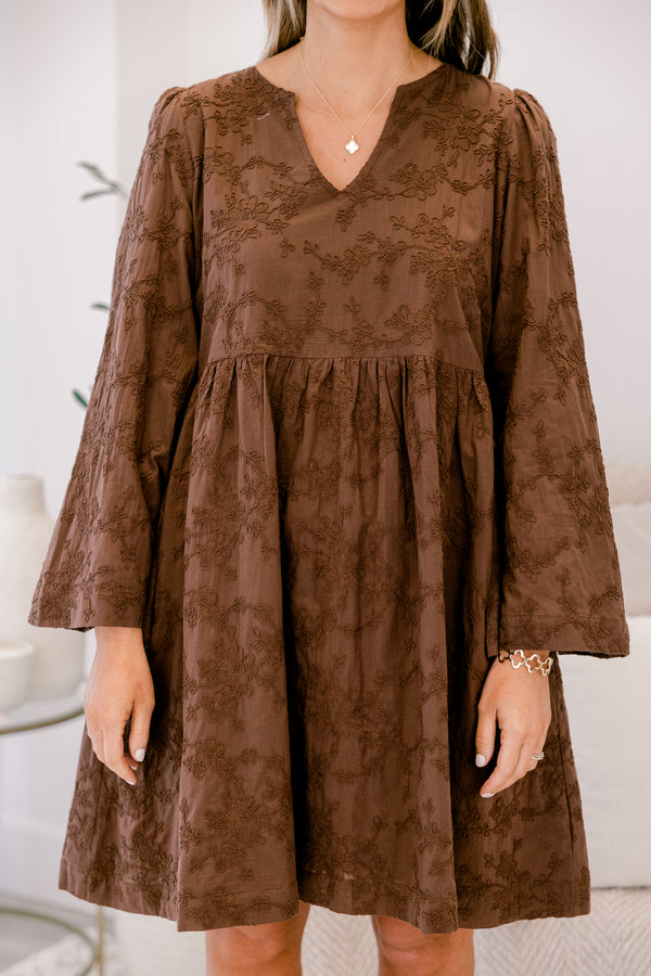 Chic Soul plus size clothing, brown with brown floral print long sleeve short swing dress with v neckline 