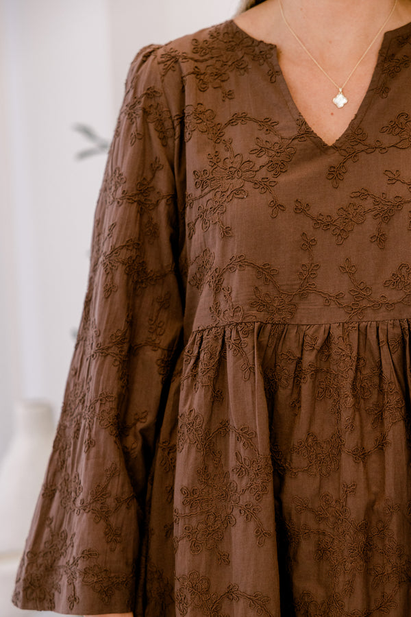 Chic Soul plus size clothing, brown with brown floral print long sleeve short swing dress with v neckline 