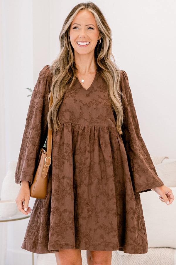 Chic Soul plus size clothing, brown with brown floral print long sleeve short swing dress with v neckline 