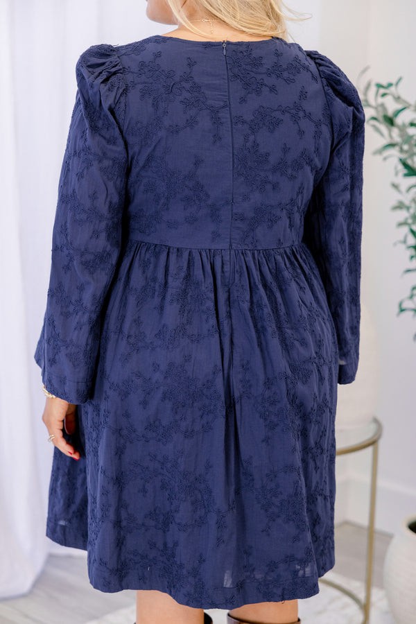 Chic Soul plus size clothing, long sleeve navy dress with monochromatic embroidery