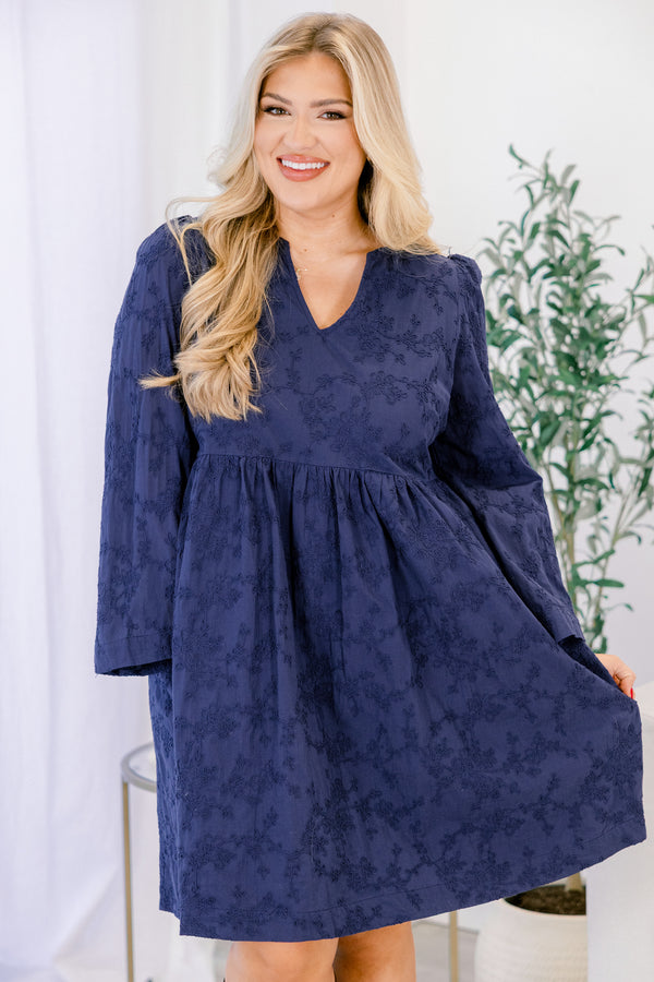 Chic Soul plus size clothing, long sleeve navy dress with monochromatic embroidery