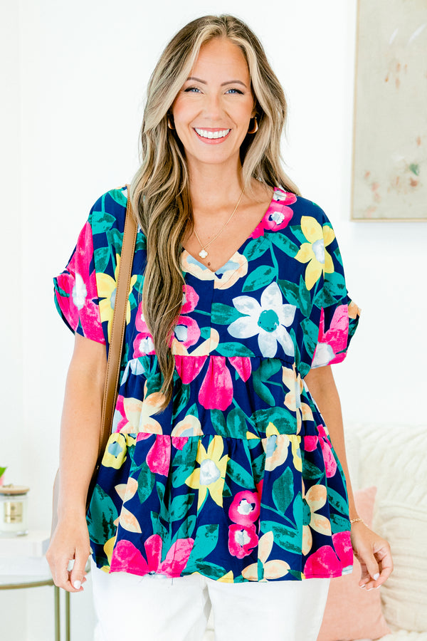 Chic Soul plus size clothing, navy short sleeve babydoll top with large floral pattern