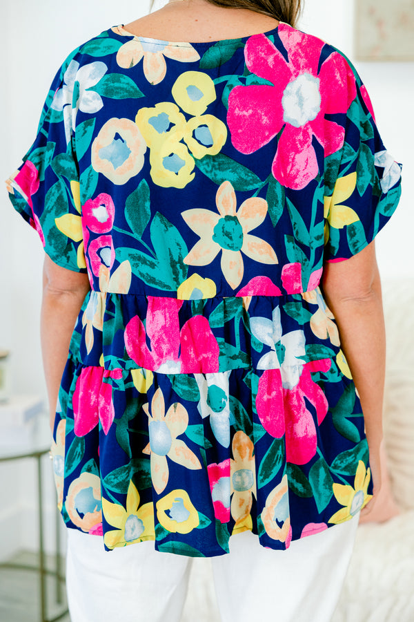Chic Soul plus size clothing, navy short sleeve babydoll top with large floral pattern