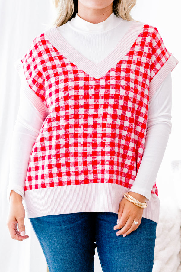 Chic Soul plus size clothing, red gingham sweater vest that has white cuffs at the end of the sleeves along the neckline and around the bottom of the vest
