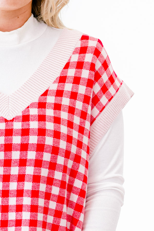 Chic Soul plus size clothing, red gingham sweater vest that has white cuffs at the end of the sleeves along the neckline and around the bottom of the vest
