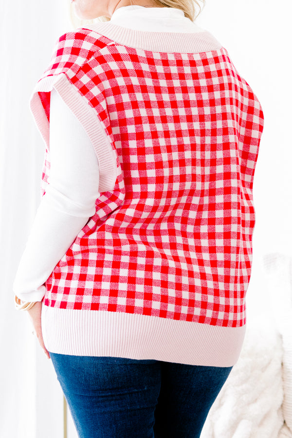 Chic Soul plus size clothing, red gingham sweater vest that has white cuffs at the end of the sleeves along the neckline and around the bottom of the vest
