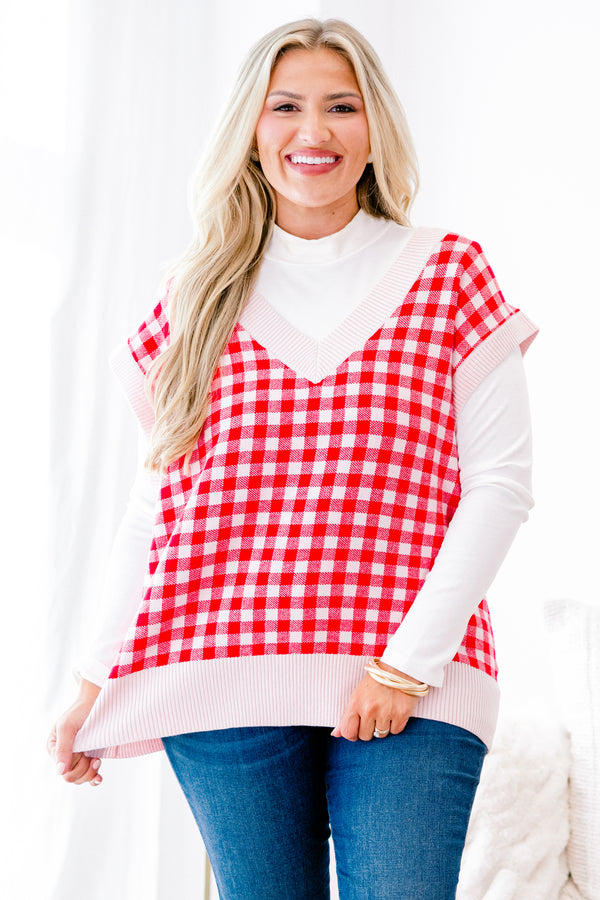 Chic Soul plus size clothing, red gingham sweater vest that has white cuffs at the end of the sleeves along the neckline and around the bottom of the vest