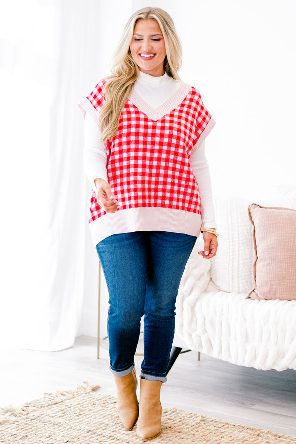 Chic Soul plus size clothing, red gingham sweater vest that has white cuffs at the end of the sleeves along the neckline and around the bottom of the vest
