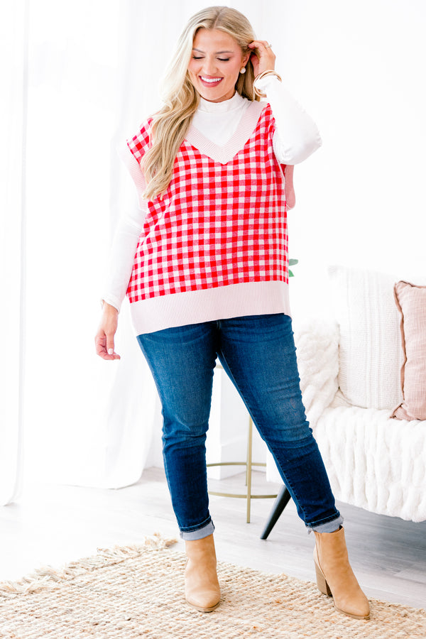 Chic Soul plus size clothing, red gingham sweater vest that has white cuffs at the end of the sleeves along the neckline and around the bottom of the vest
