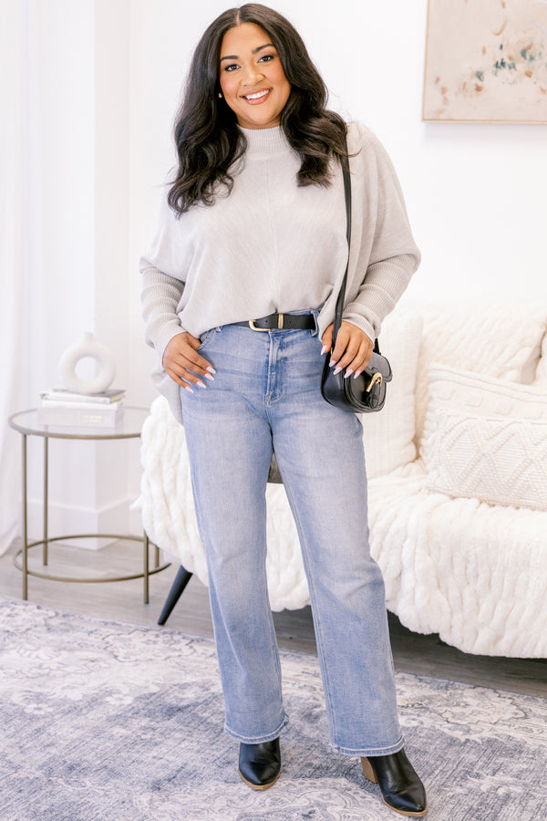 Chic Soul plus size clothing, light gray long sleeve turtle neck tunic sweater