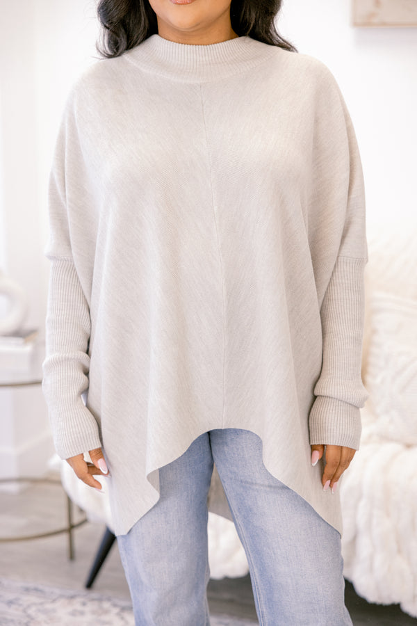 Chic Soul plus size clothing, light gray long sleeve turtle neck tunic sweater
