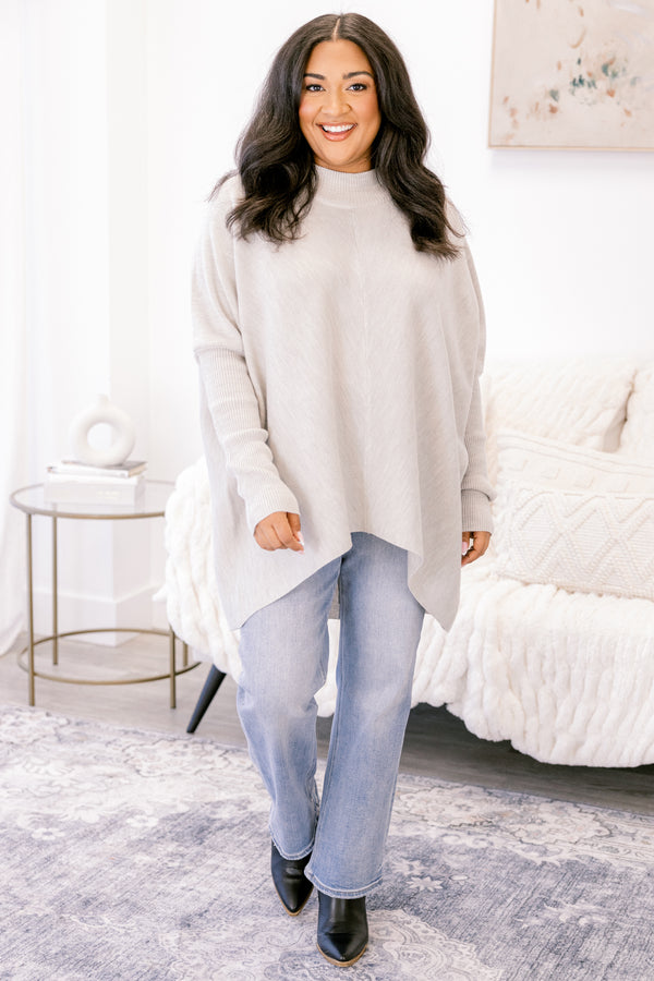 Chic Soul plus size clothing, light gray long sleeve turtle neck tunic sweater